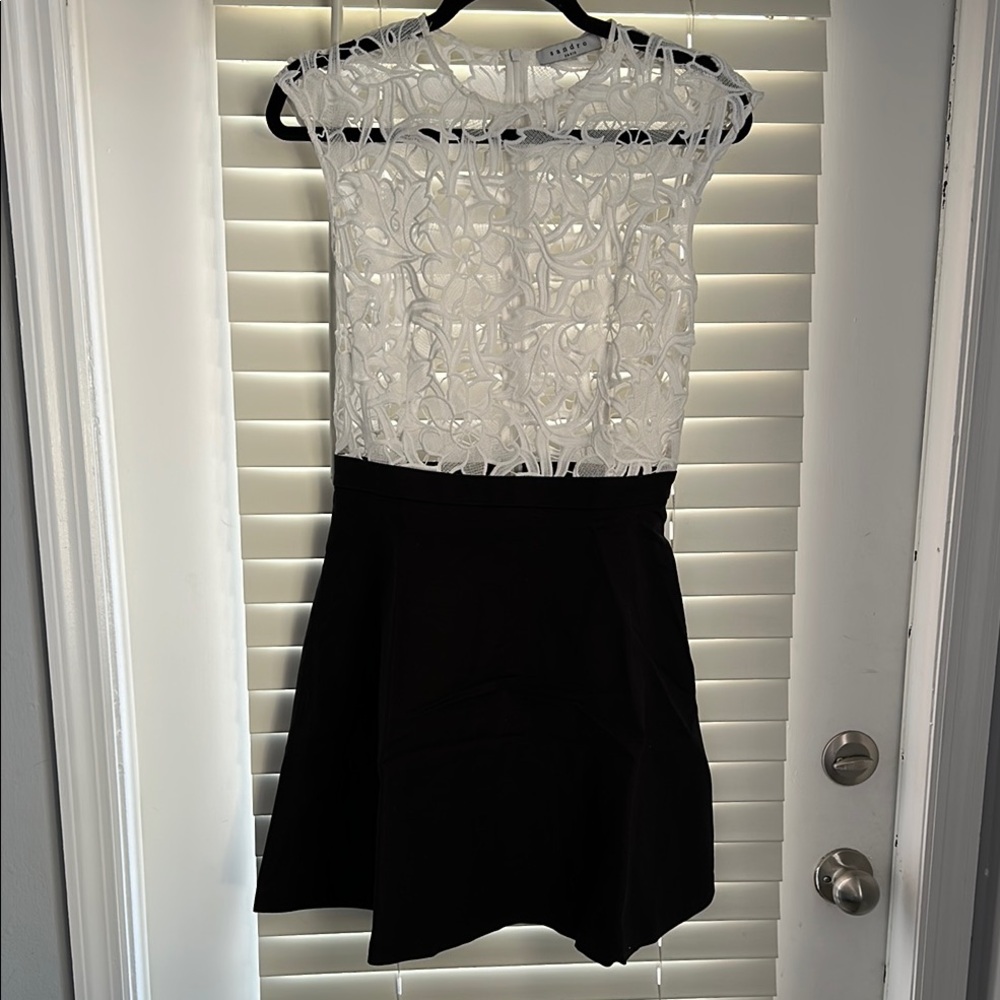 Sandro ParisCream and Black A-Line Mini Dress with Cap Sleeves